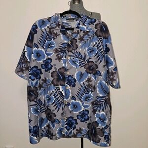 ODO Mens Hawaiian Shirt L  Short Sleeve Button Up in Blue,‎ Gray, & White Colors